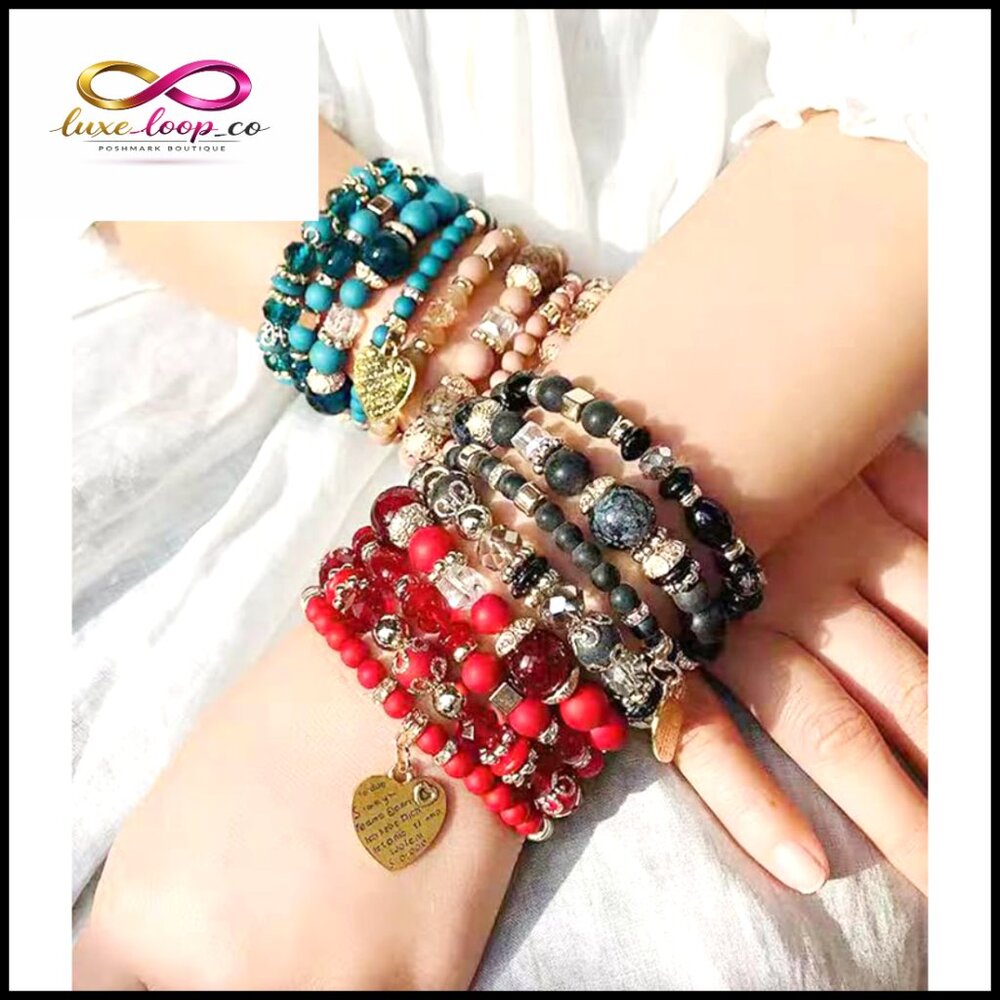 Stackable Stretch Beaded Bracelets With Heart Cha… - image 4